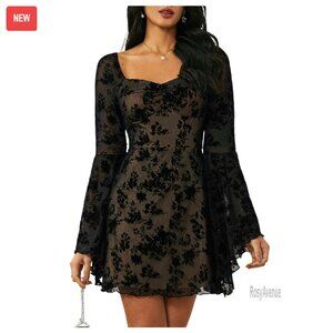 Vintage Floral Jacquard Mesh Gothic Dress Long Sleeve A-Line